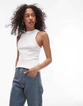 Белая приталенная футболка без рукавов в рубчик Topshop