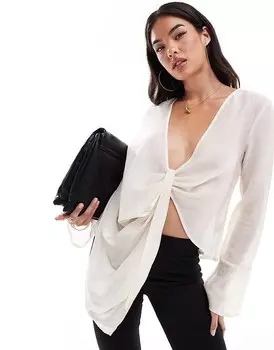 Белая прозрачная блузка с глубоким вырезом SNDYS