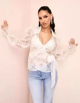 Белая прозрачная блузка с запахом из органзы ASOS с цветочным принтом и завязками