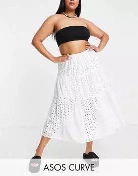 Белая ярусная юбка миди с вышивкой ASOS DESIGN Curve
