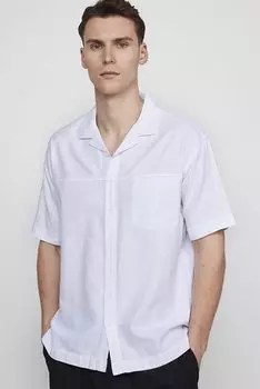 Белая рубашка Relax Fit с боковым разрезом и открытым воротником под льняную ткань TUDORS