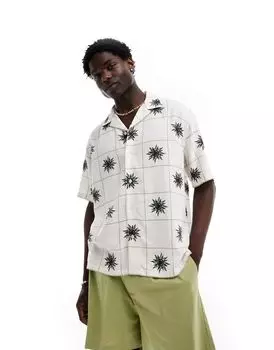 Белая рубашка свободного кроя с короткими рукавами из смесового льна Abercrombie & Fitch с квадратной вышивкой