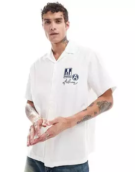 Белая рубашка свободного кроя с кубинским воротником и вышитым узором на груди ASOS DESIGN