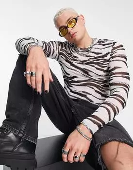 Белая сетчатая футболка с длинными рукавами и принтом ASOS DESIGN - WHITE