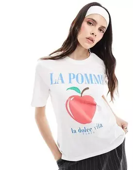 Белая свободная футболка с принтом яблок ONLY