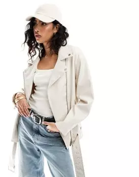 Белая удлиненная байкерская куртка из искусственной кожи ASOS DESIGN