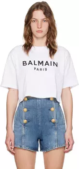 Белая укороченная футболка «Париж» Balmain