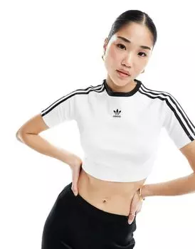 Белая укороченная футболка с 3 полосками adidas