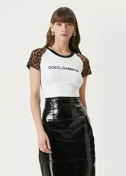 Белая укороченная футболка с круглым вырезом с леопардовым узором Dolce&Gabbana