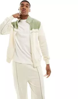 Белая велюровая куртка стандартного кроя в рубчик ASOS DESIGN с зелеными деталями