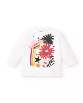 Белая вязаная футболка для девочки с ярким принтом Tuc tuc