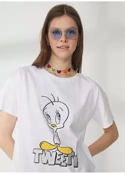 Белая женская футболка оверсайз с принтом Looney Tunes Never Say Never