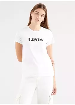 белая женская футболка с брендовым принтом и круглым вырезом, коротким рукавом, Levis