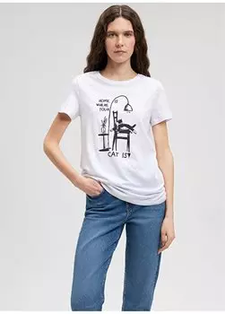 Белая женская футболка с круглым вырезом M1612390-620-ФУТБОЛКА С ПРИНТОМ CAT Mavi, белый