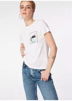 Белая женская футболка с круглым вырезом M1612405-620-ФУТБОЛКА С ПРИНТОМ CAT Mavi, белый