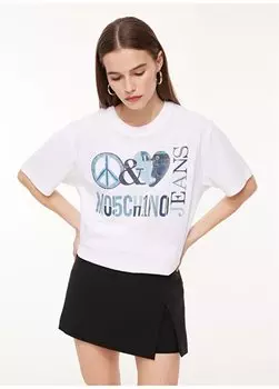 Белая женская футболка с круглым вырезом с принтом A0704 Moschino Jeans, белый