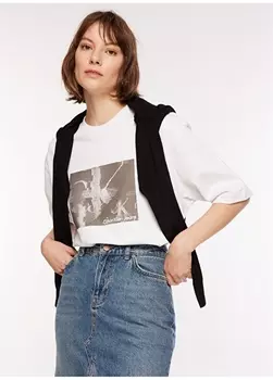 Белая женская футболка с круглым вырезом с принтом Calvin Klein Jeans