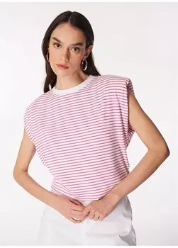 Белая женская футболка в полоску с круглым вырезом - фуксия F4SL-TST0259 Fabrika, белый