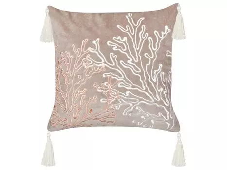BELIANI декоративная подушка темно-серый бархат квадратный 45 x 45 см с наполнителем, застежка-молния, кисточки, вышитый коралловый мотив, морской мотив, современное украшение для диванной подушки