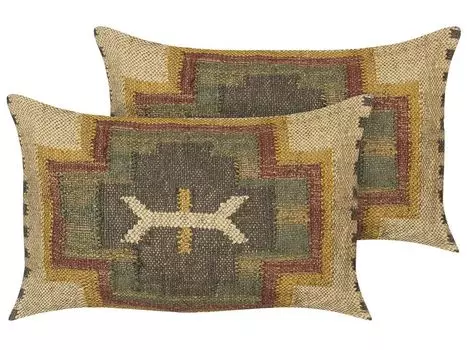 БЕЛИАНИ Декоративные подушки из джута и шерсти, разноцветные, 30 х 50 см, комплект из 2 шт., восточный узор, стиль килим, стираные цвета Beliani, мультиколор