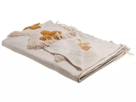 BELIANI Мягкое одеяло Бежевый/Горчично-Желтый Хлопок 130 x 180 см Ручная работа Бахрома с абстрактным узором для кровати Диван Кресло Спальня Гостиная