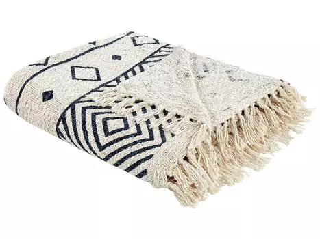 BELIANI Мягкое одеяло Бежевый и синий хлопок 220 x 240 см Современный с бахромой Аксессуар ручной работы для спальни и гостиной Декоративное плед