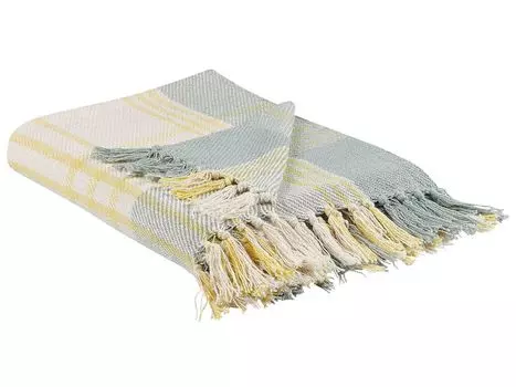 BELIANI Мягкое одеяло желтого и темно-зеленого цвета, хлопок 125 x 150 см, классическое клетчатое одеяло с бахромой, плед ручной работы для спальни, гостиной, желтый