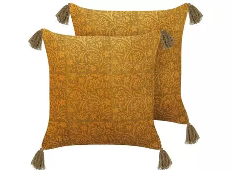 BELIANI набор декоративных подушек из 2 горчично-желтых бархатных и хлопковых подушек 45 х 45 см, чехол с наполнителем, застежка-молния, кисточки, цветочный узор, украшение для гостиной в стиле бохо