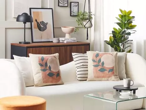 BELIANI Набор декоративных подушек из 2 разноцветных тканевых чехлов квадратного размера 45х45 с наполнителем и абстрактным мотивом в виде листьев Съемные чехлы на молнии Современный бохо