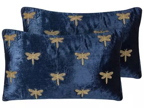 BELIANI Набор из 2 декоративных подушек Темно-синий бархат 30 x 50 см Животный узор Мотив стрекозы Современная гламурная подушка для гостиной и спальни