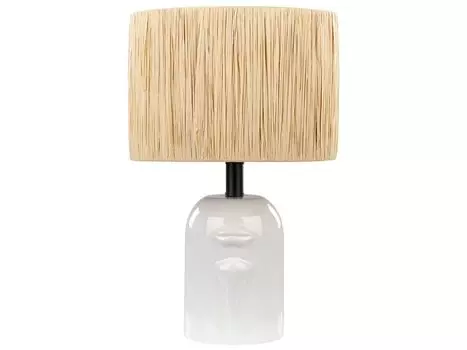 BELIANI Настольная лампа Кремово-белая керамика 46 см Бумажный абажур в форме барабана Естественный мотив лица Кабель с выключателем Современное скандинавское освещение, белый