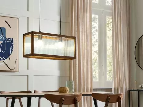 BELIANI подвесной светло-коричневый, дерево манго, 2 лампы с абажуром, геометрическое стекло, рифленый вид, длинный кабель, обеденный стол в деревенском стиле, гостиная, прихожая, кухня