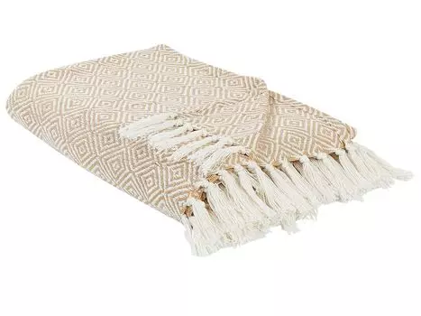 BELIANI Покрывало Бежевый хлопок 200x220 см с бахромой Геометрический узор Спальня Гостиная Диван Одеяло накидка на диван-кровать Кресло