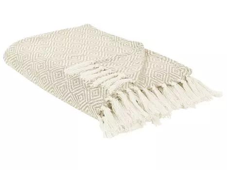 BELIANI Покрывало Светлое Бежевое Хлопок 200х220 см с бахромой Геометрический узор Спальня Гостиная Диван Одеяло накидка на диван-кровать Кресло