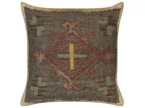 BELIANI Зеленая подушка из джута и шерсти 45 х 45 см, восточный узор, стираные цвета в стиле Килим.