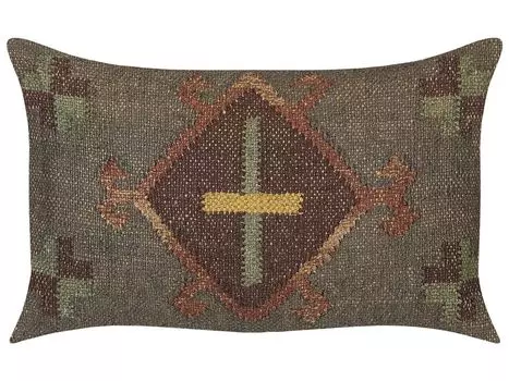 BELIANI Зеленая подушка из джута и шерсти 30 х 50 см, восточный узор, стираные цвета в стиле Килим.