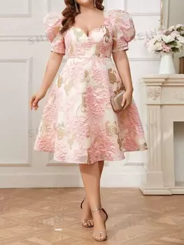 Belle Атласное жаккардовое вечернее платье больших размеров с короткими рукавами и пышными рукавами Shein, розовый