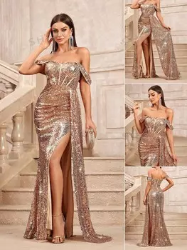 Belle Блестящее вечернее платье макси с открытыми плечами и рюшами и высокой талией, драпированным боковым разрезом и высоким разрезом, бальное платье для женщин Shein, шампанское