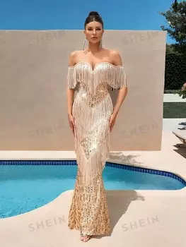 Belle Элегантное и сексуальное Женское золотистое блестящее вечернее платье в стиле русалки с бахромой и глубоким v-образным вырезом Shein, золотой