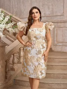 Belle Элегантное коктейльное платье больших размеров с жаккардовыми 3D рукавами и рюшами Shein, абрикосовый