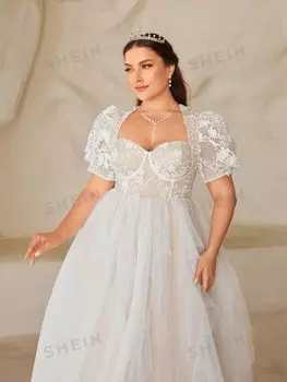 Belle Элегантное свадебное платье больших размеров с элегантными рукавами принцессы глубокий вырез Нарисуйте преувеличенные слои и элегантный подол А-силуэта Shein, белый