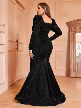 Belle Элегантное вечернее платье больших размеров с ромбовидным вырезом, рюшами и рыбьим хвостом (сверхпрочный стиль) Shein, черный