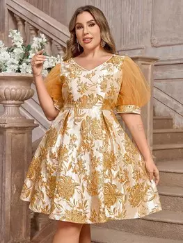 Belle Коктейльное платье с эффектом металлик, V-образный вырез, элегантные рукава-фонарики, длина до середины икры, специальный размер Shein, апельсиновый