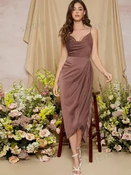 Belle, Однотонное платье, плиссированное, с коротким подолом Shein, шоколадный