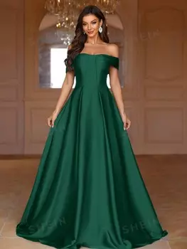 Belle Однотонные платья подружки невесты с открытыми плечами и рюшами на груди длиной до пола Shein, темно-зеленый