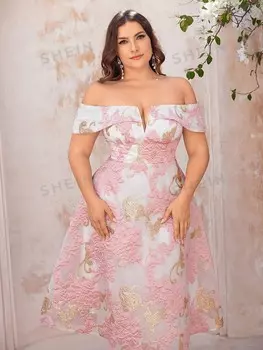 Belle Платье больших размеров из органзы и атласа с вышивкой золотой нитью А-силуэта и V-образным вырезом с открытыми плечами