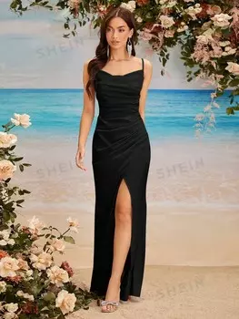 Belle Платья для подружек невесты, Однотонные, плиссированные, с высоким разрезом и воротником-бретелькой, для женщин Shein, черный