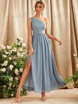 Belle Плиссированное платье для подружки невесты, асимметричный воротник, Однотонное Shein, пастельно-синий