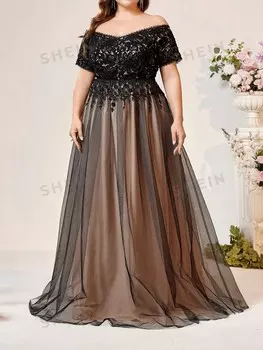 Belle Плюс Размер Черное Кружевное Лоскутное Элегантное Вечернее Платье С Открытыми Плечами Shein, черный