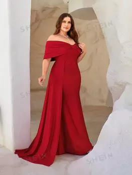 Belle Плюс Размер Красное Элегантное Простое Платье Русалки С Открытыми Плечами и Драпировкой по бокам Вечернее Платье для Выпускного Вечера, Вечеринки, Тяжелой Работы Shein, красный